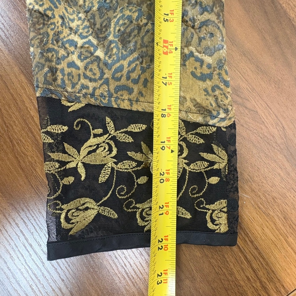 Chicos Patchwork Lace Leopard Paisley Tie Front Kimono Top Sheer Gold Black M - Picture 8 of 9